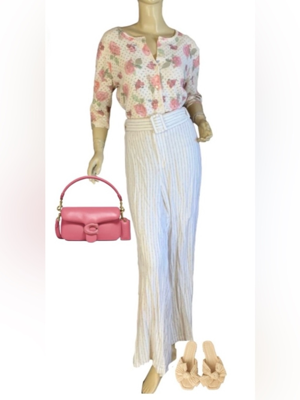 LANE BRYANT BEIGE & TAN STRIPED LINEN PANTS WITH BELT (28)